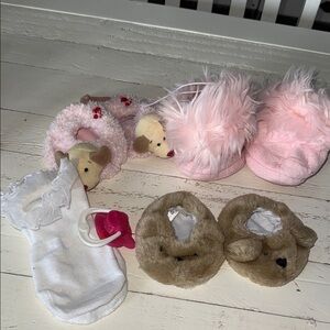 Build a Bear Adorable Pink and Brown Animal Baby Booties Set x3 pair plus socks
